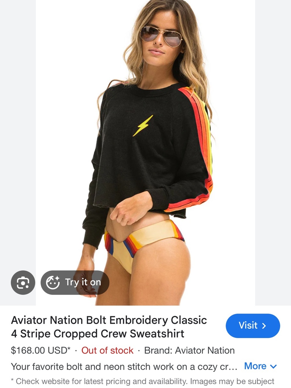 Aviator Nation Black Cropped Crew with Red & Orange Shoulder Stripes